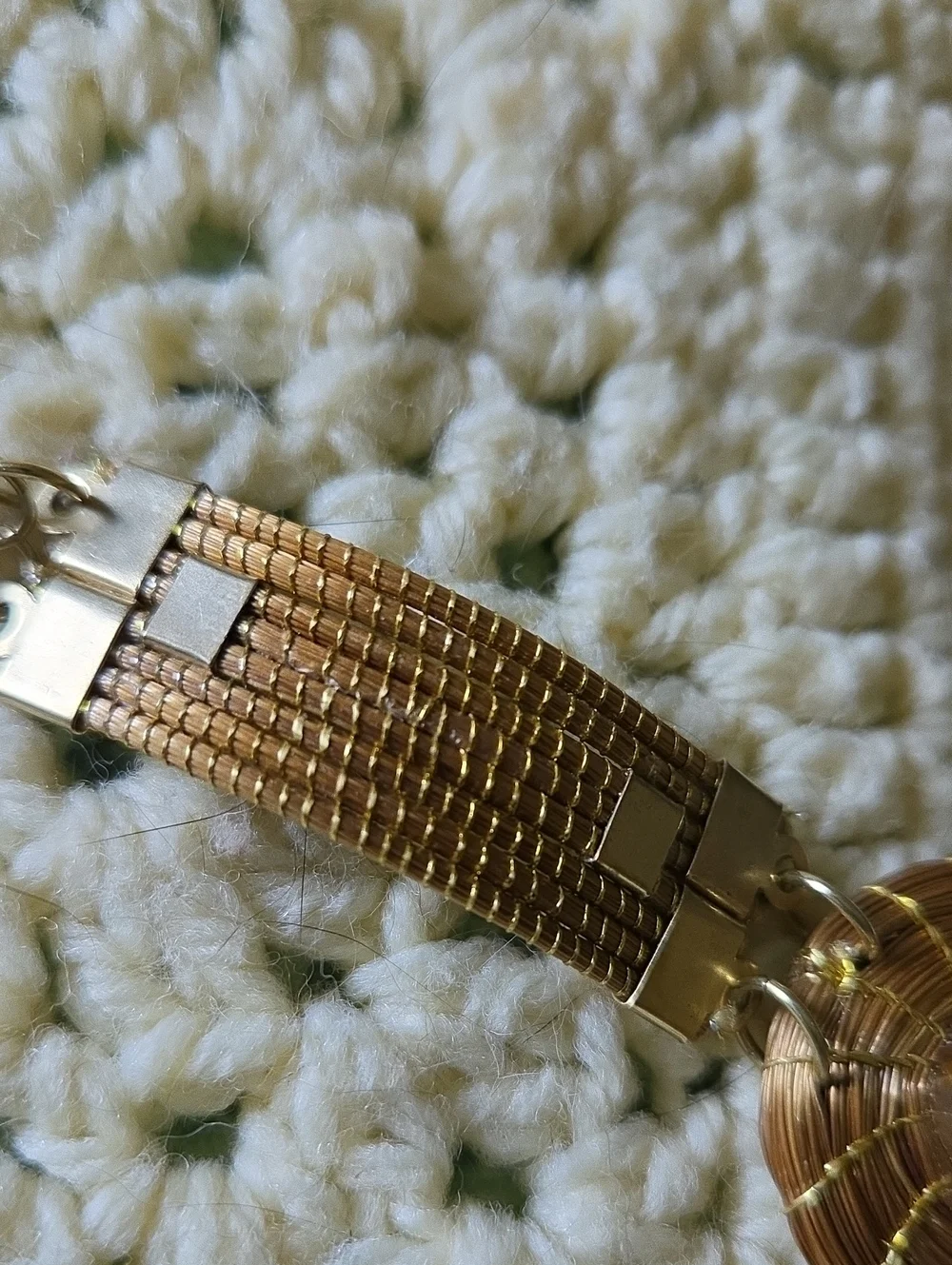 Vintage Handcrafted Golden Grass Bracelet With A Center Tiger's Eye Stone.